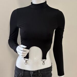 Dolls Kill Shelly Black Long Sleeve Mock Neck Top w Garter Strap Hook Details